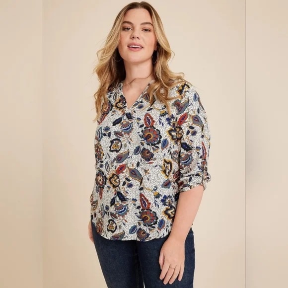 Maurices Atwood Paisley 3/4 Sleeve V-Neck Popover Blouse Size XXL White Blue - Picture 1 of 7